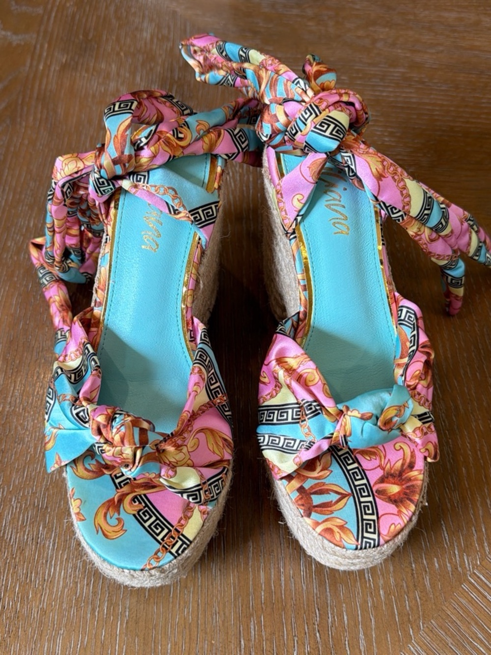 Liliana Turquoise & Pink Floral Tie-Wrap Espadrille Wedges